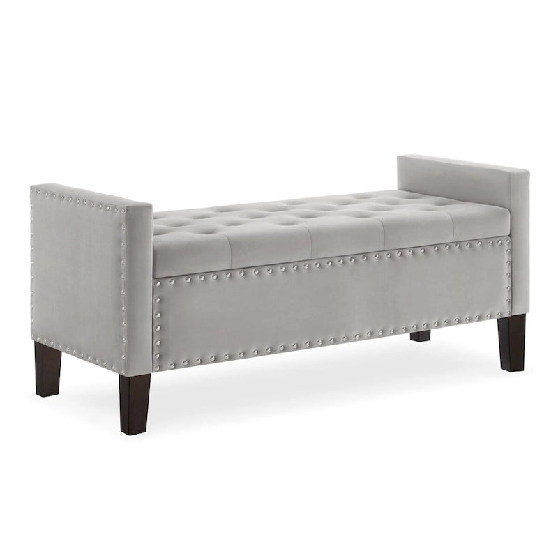 Banc de rangement capitonné avec garniture cloutée, assise rembourrée douce avec accoudoirs pour entrée ou salon, banc de lit