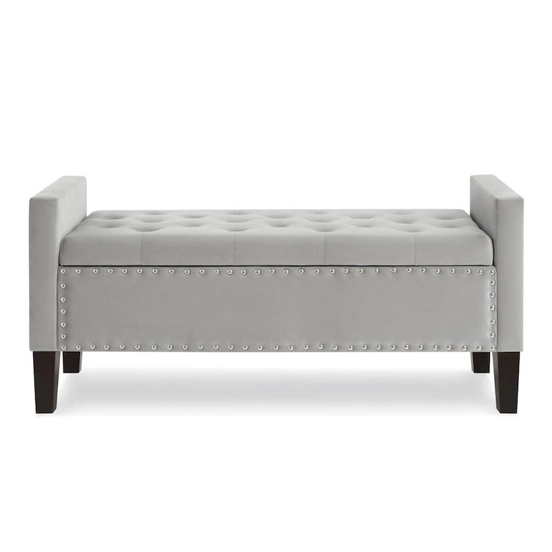 Banc de rangement capitonné avec garniture cloutée, assise rembourrée douce avec accoudoirs pour entrée ou salon, banc de lit