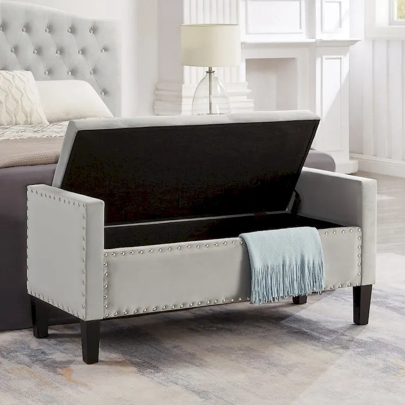 Banc de rangement capitonné avec garniture cloutée, assise rembourrée douce avec accoudoirs pour entrée ou salon, banc de lit