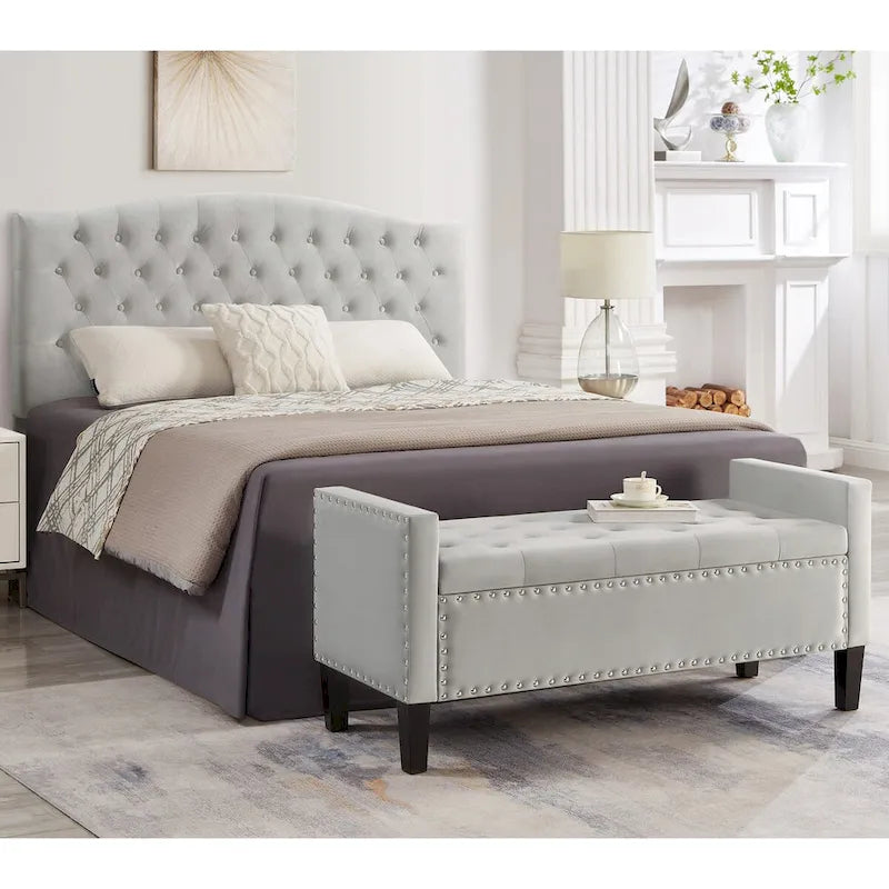 Banc de rangement capitonné avec garniture cloutée, assise rembourrée douce avec accoudoirs pour entrée ou salon, banc de lit