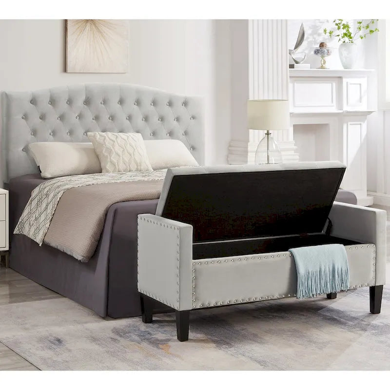 Banc de rangement capitonné avec garniture cloutée, assise rembourrée douce avec accoudoirs pour entrée ou salon, banc de lit