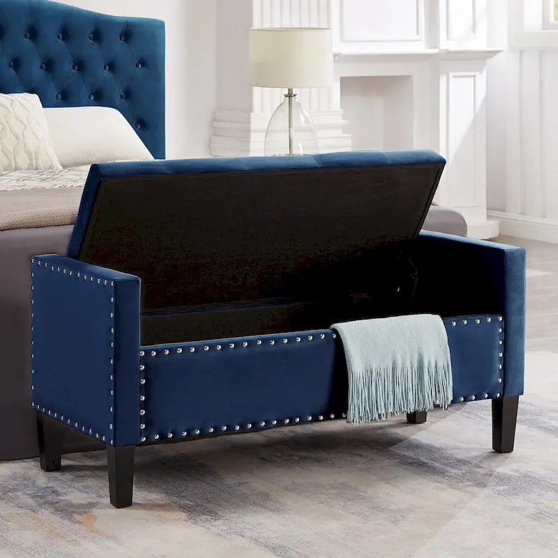Banc de rangement capitonné avec garniture cloutée, assise rembourrée douce avec accoudoirs pour entrée ou salon, banc de lit