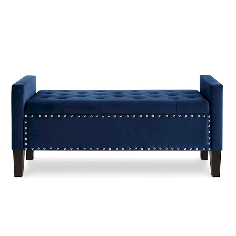 Banc de rangement capitonné avec garniture cloutée, assise rembourrée douce avec accoudoirs pour entrée ou salon, banc de lit