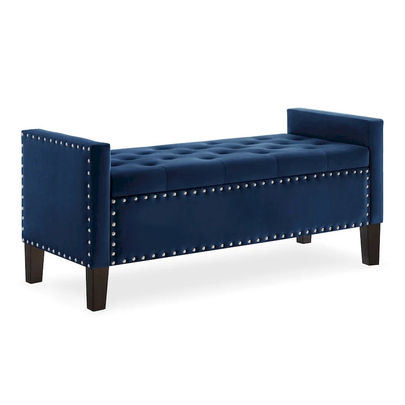 Banc de rangement capitonné avec garniture cloutée, assise rembourrée douce avec accoudoirs pour entrée ou salon, banc de lit
