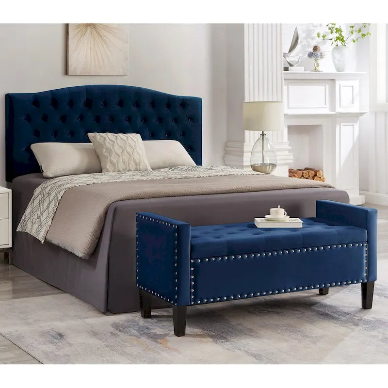 Banc de rangement capitonné avec garniture cloutée, assise rembourrée douce avec accoudoirs pour entrée ou salon, banc de lit