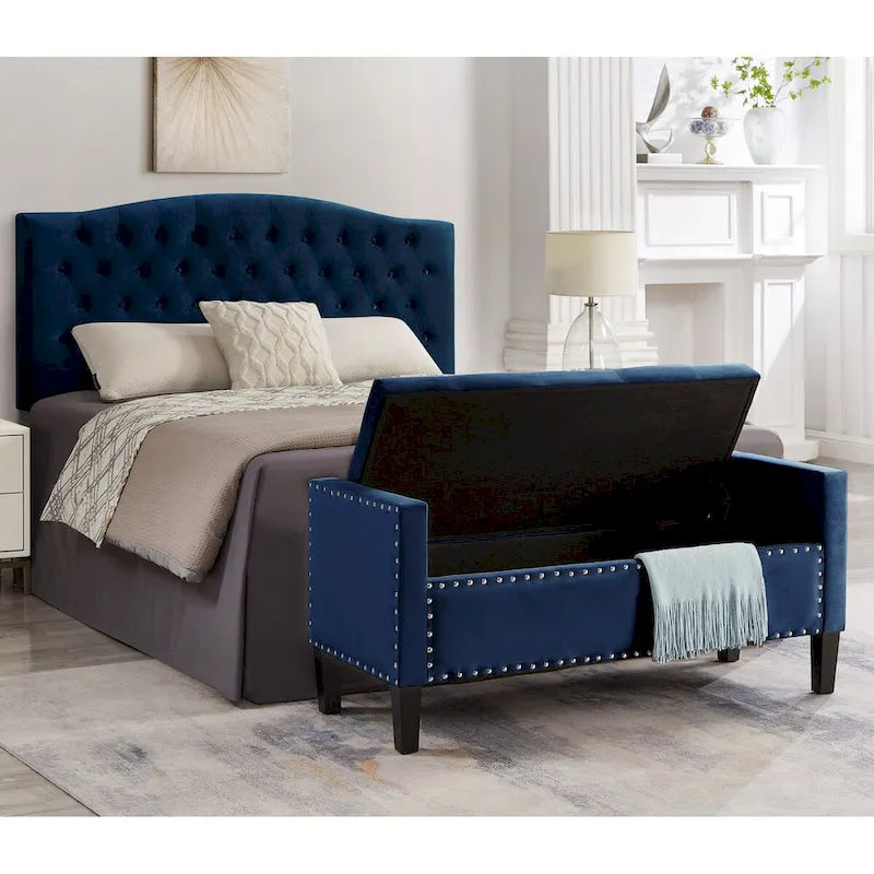 Banc de rangement capitonné avec garniture cloutée, assise rembourrée douce avec accoudoirs pour entrée ou salon, banc de lit