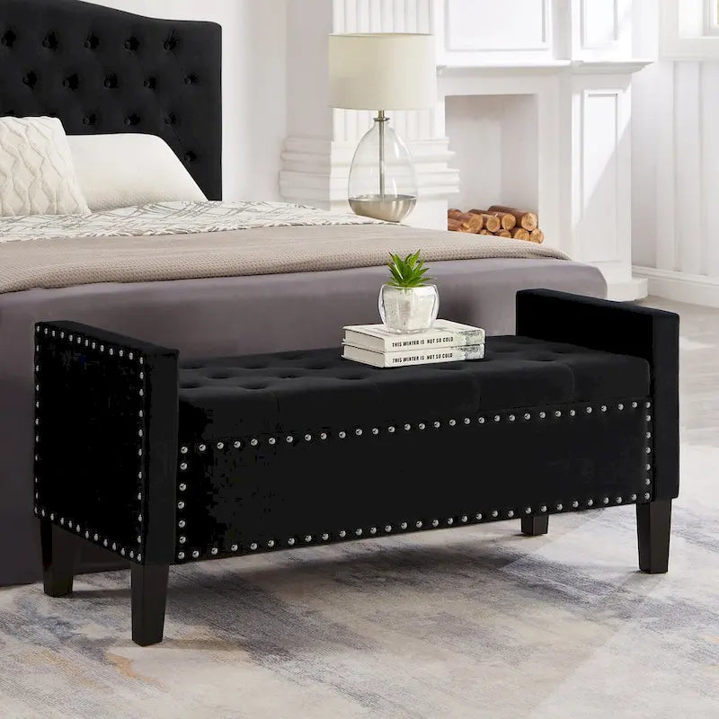 Banc de rangement capitonné avec garniture cloutée, assise rembourrée douce avec accoudoirs pour entrée ou salon, banc de lit