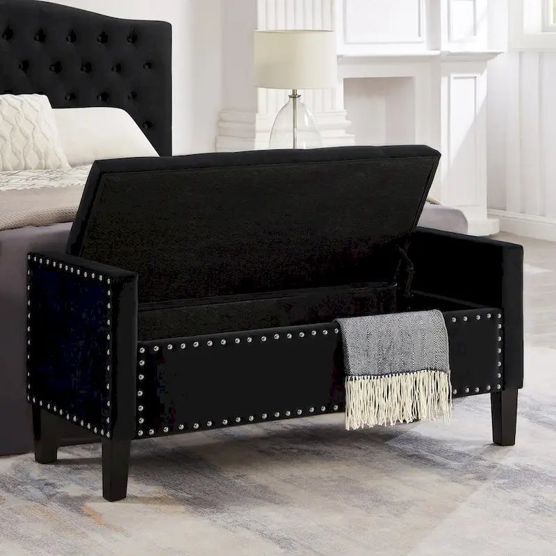 Banc de rangement capitonné avec garniture cloutée, assise rembourrée douce avec accoudoirs pour entrée ou salon, banc de lit