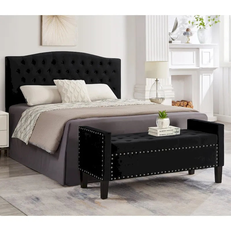 Banc de rangement capitonné avec garniture cloutée, assise rembourrée douce avec accoudoirs pour entrée ou salon, banc de lit