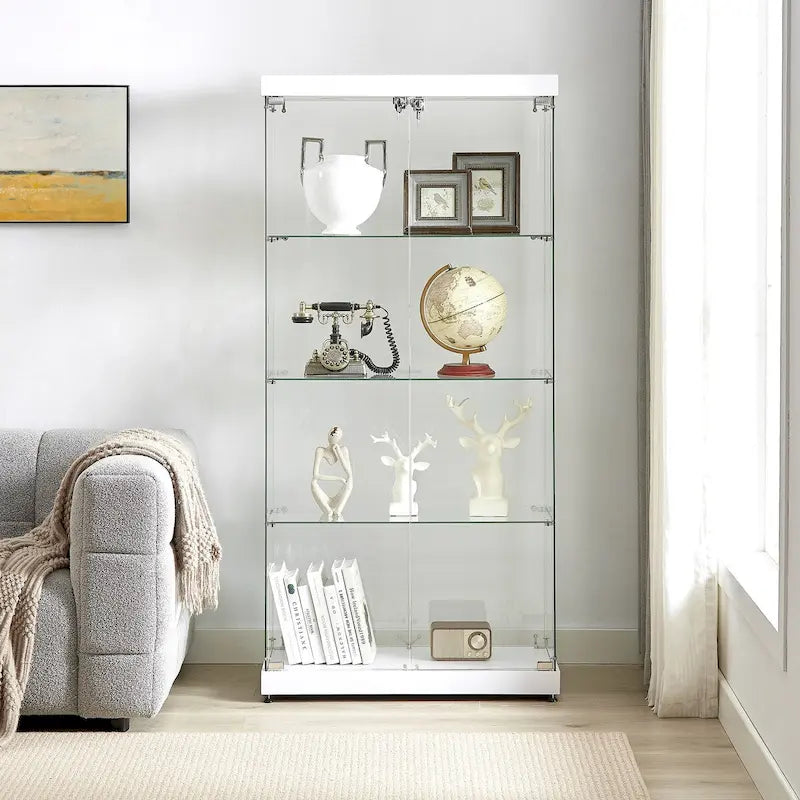 Vitrine en verre à 4 niveaux, armoire en verre à double porte, quatre compartiments, deux serrures, sur pied pour salon et bureau