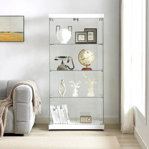 4-Tier Glass Display Cabinet, Double Door Glass Cabinet, Four Partitions, Two Locks, Floor Standing for Living Room and Office