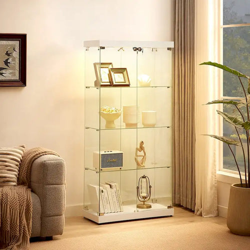 Vitrine en verre à 4 niveaux, armoire en verre à double porte, quatre compartiments, deux serrures, sur pied pour salon et bureau