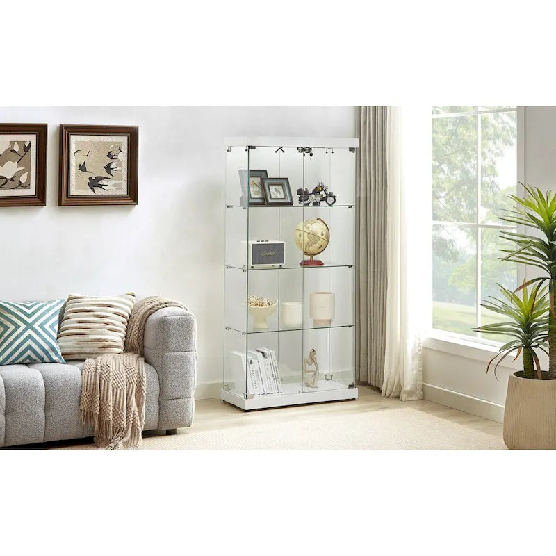 Vitrine en verre à 4 niveaux, armoire en verre à double porte, quatre compartiments, deux serrures, sur pied pour salon et bureau