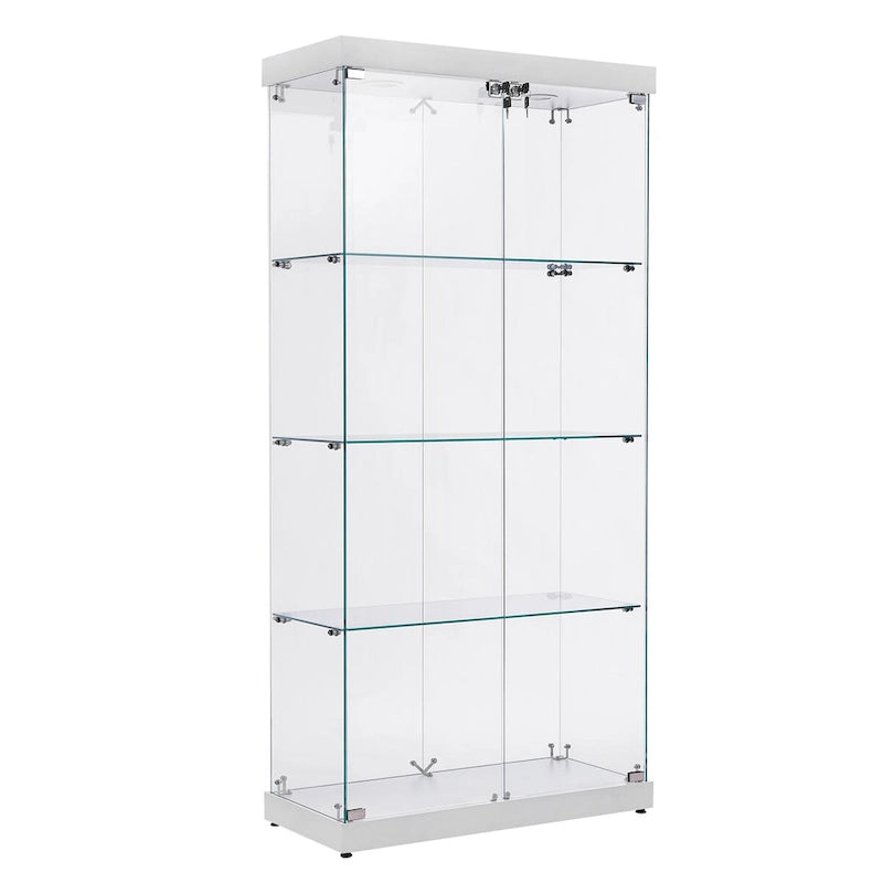 Vitrine en verre à 4 niveaux, armoire en verre à double porte, quatre compartiments, deux serrures, sur pied pour salon et bureau
