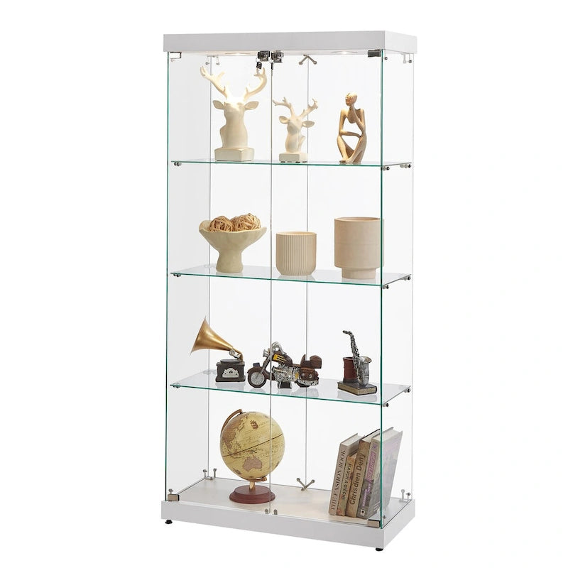 Vitrine en verre à 4 niveaux, armoire en verre à double porte, quatre compartiments, deux serrures, sur pied pour salon et bureau