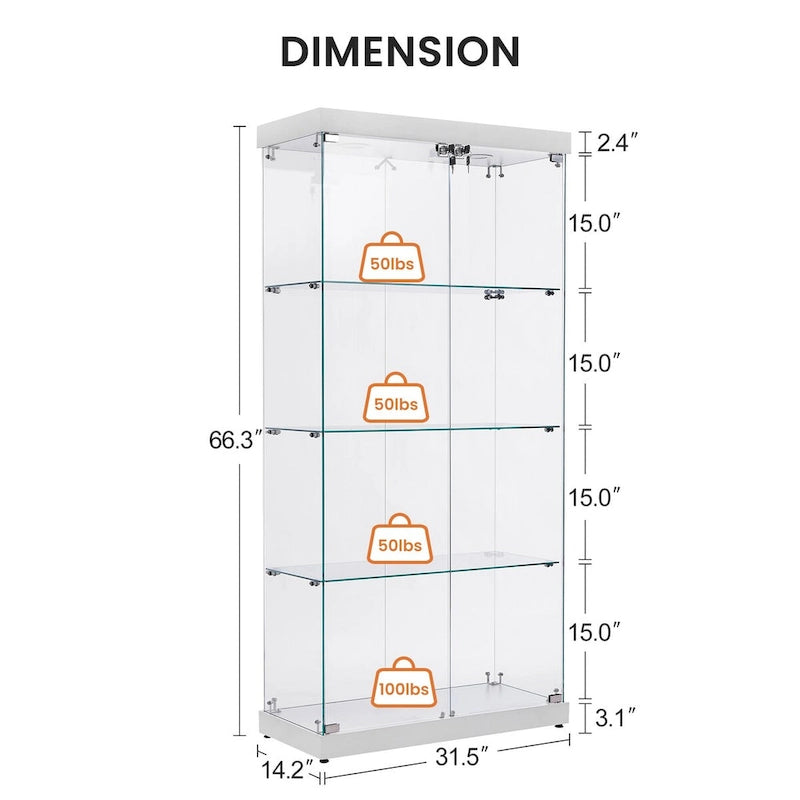 Vitrine en verre à 4 niveaux, armoire en verre à double porte, quatre compartiments, deux serrures, sur pied pour salon et bureau