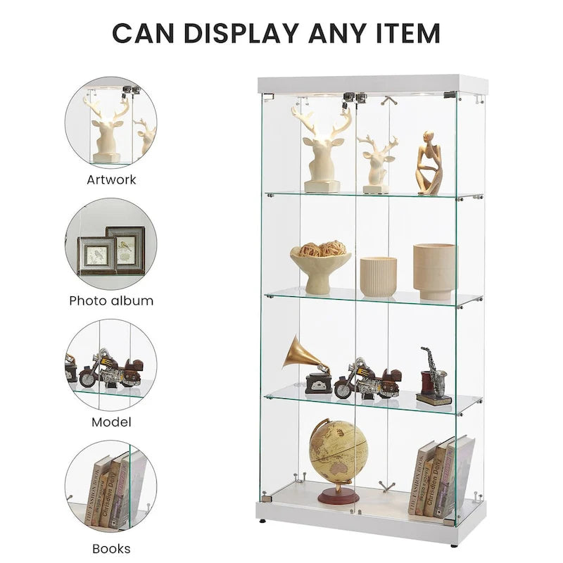 Vitrine en verre à 4 niveaux, armoire en verre à double porte, quatre compartiments, deux serrures, sur pied pour salon et bureau