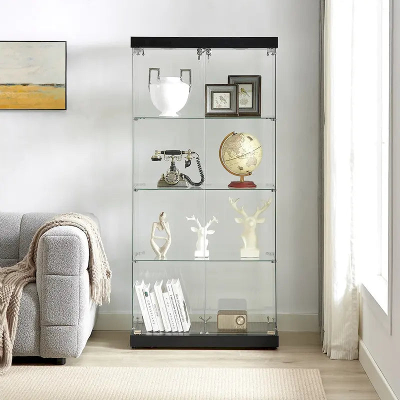 Vitrine en verre à 4 niveaux, armoire en verre à double porte, quatre compartiments, deux serrures, sur pied pour salon et bureau