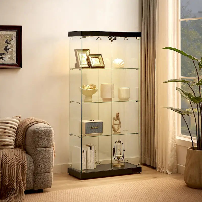 Vitrine en verre à 4 niveaux, armoire en verre à double porte, quatre compartiments, deux serrures, sur pied pour salon et bureau