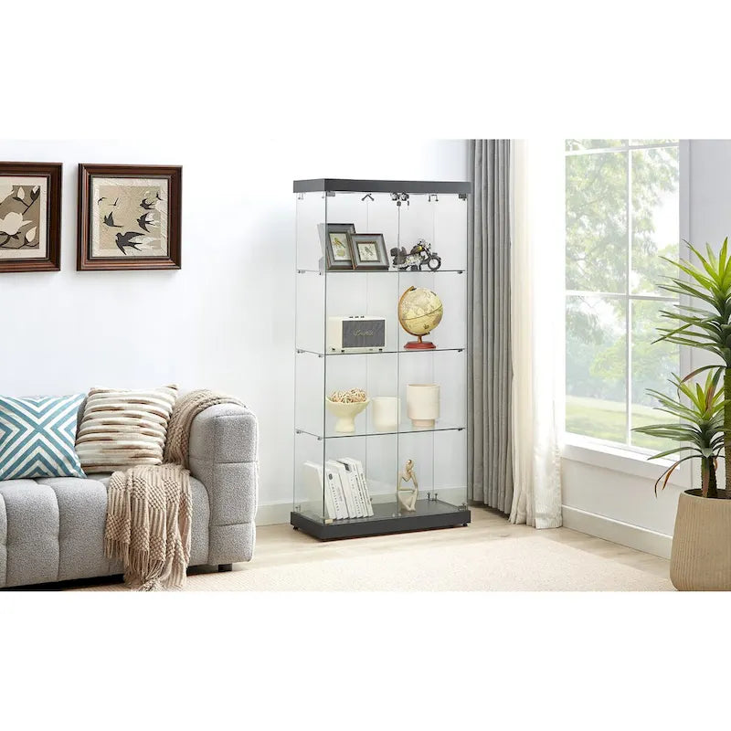 Vitrine en verre à 4 niveaux, armoire en verre à double porte, quatre compartiments, deux serrures, sur pied pour salon et bureau