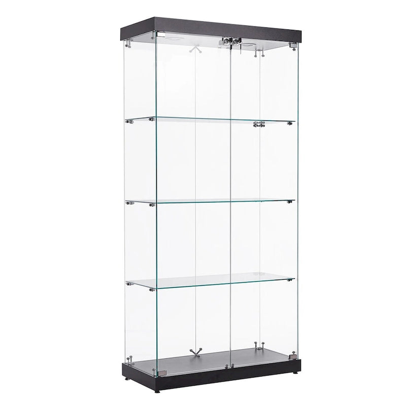 Vitrine en verre à 4 niveaux, armoire en verre à double porte, quatre compartiments, deux serrures, sur pied pour salon et bureau