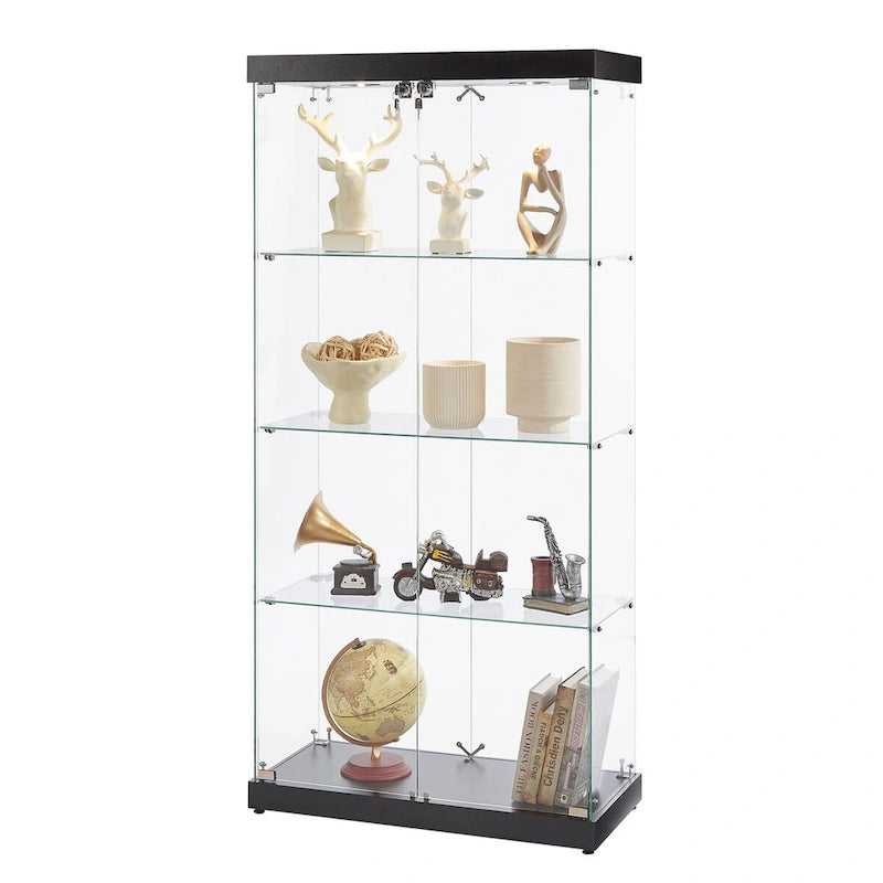 Vitrine en verre à 4 niveaux, armoire en verre à double porte, quatre compartiments, deux serrures, sur pied pour salon et bureau