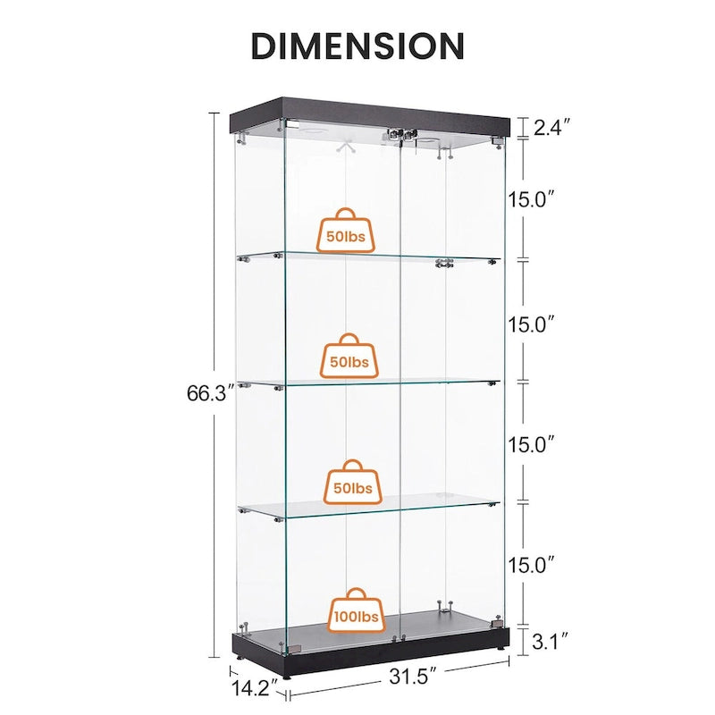 Vitrine en verre à 4 niveaux, armoire en verre à double porte, quatre compartiments, deux serrures, sur pied pour salon et bureau