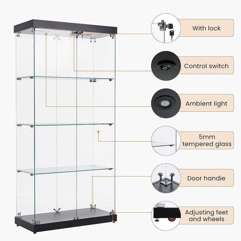Vitrine en verre à 4 niveaux, armoire en verre à double porte, quatre compartiments, deux serrures, sur pied pour salon et bureau
