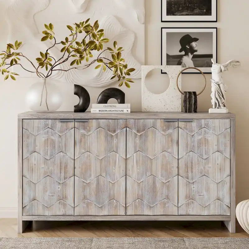 Meuble d'appoint style ferme, buffet en bois à 4 portes, desserte de salle à manger, armoire de rangement