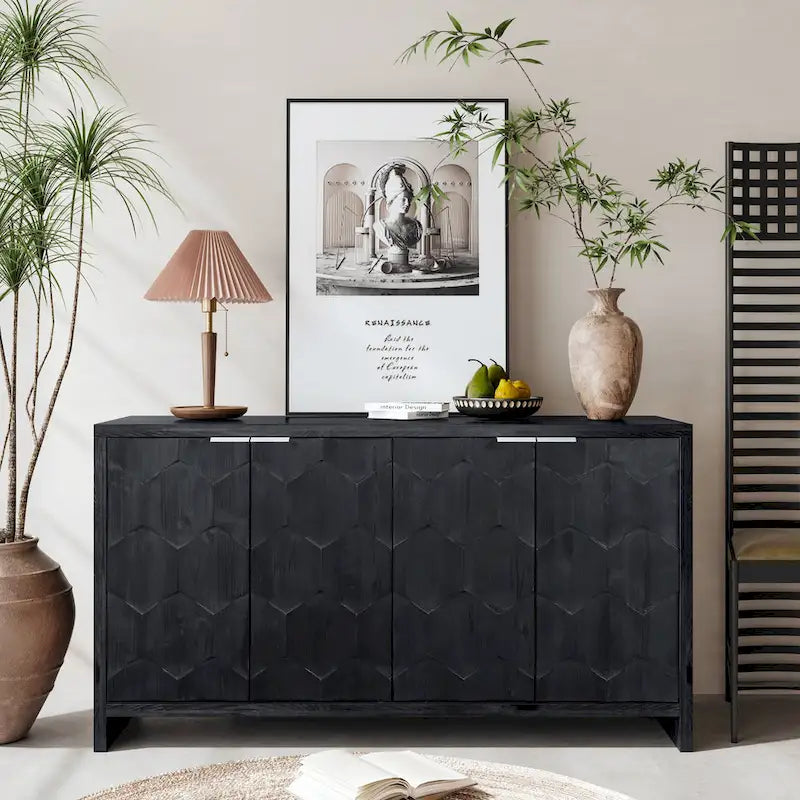 Meuble d'appoint style ferme, buffet en bois à 4 portes, desserte de salle à manger, armoire de rangement