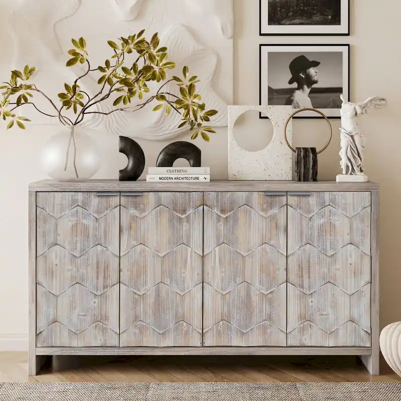 Meuble d'appoint style ferme, buffet en bois à 4 portes, desserte de salle à manger, armoire de rangement