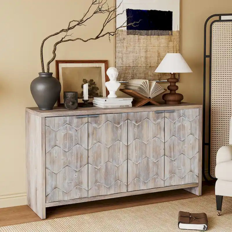 Meuble d'appoint style ferme, buffet en bois à 4 portes, desserte de salle à manger, armoire de rangement