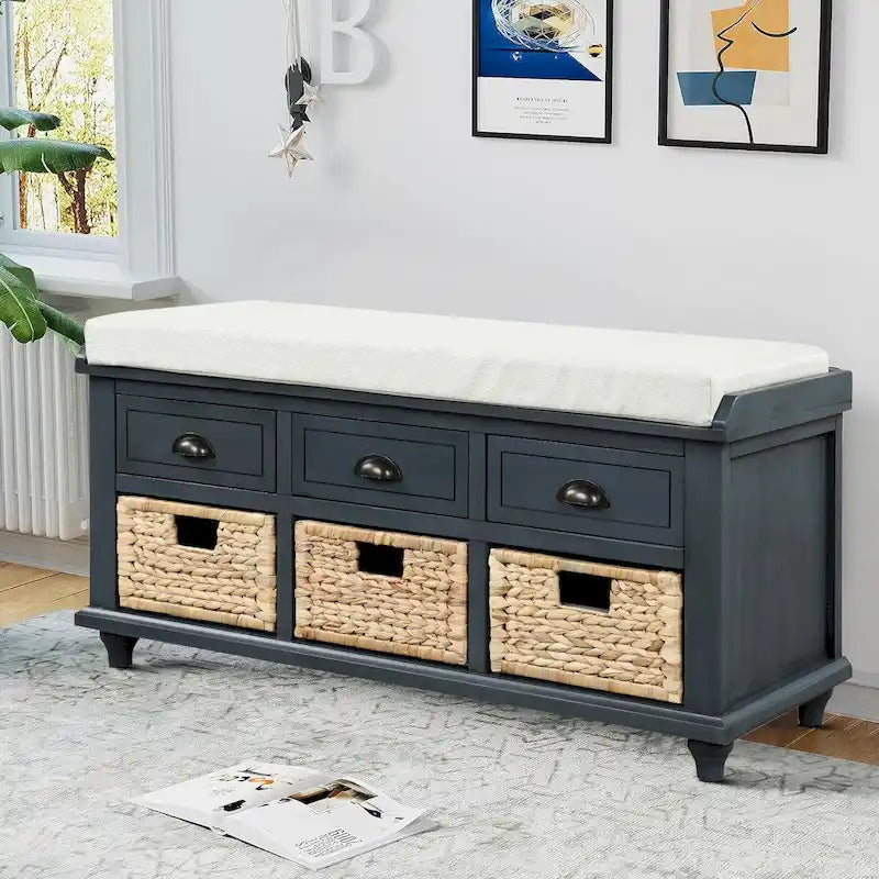 Banc de rangement de style ferme classique avec un coussin de siège amovible en mélange de lin