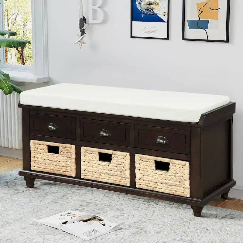 Banc de rangement de style ferme classique avec un coussin de siège amovible en mélange de lin