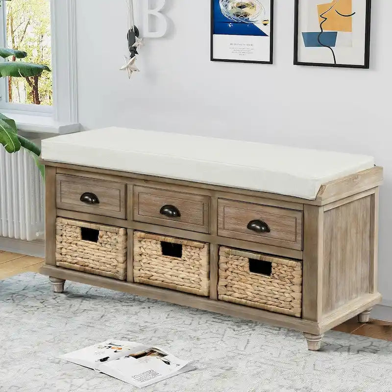 Banc de rangement de style ferme classique avec un coussin de siège amovible en mélange de lin