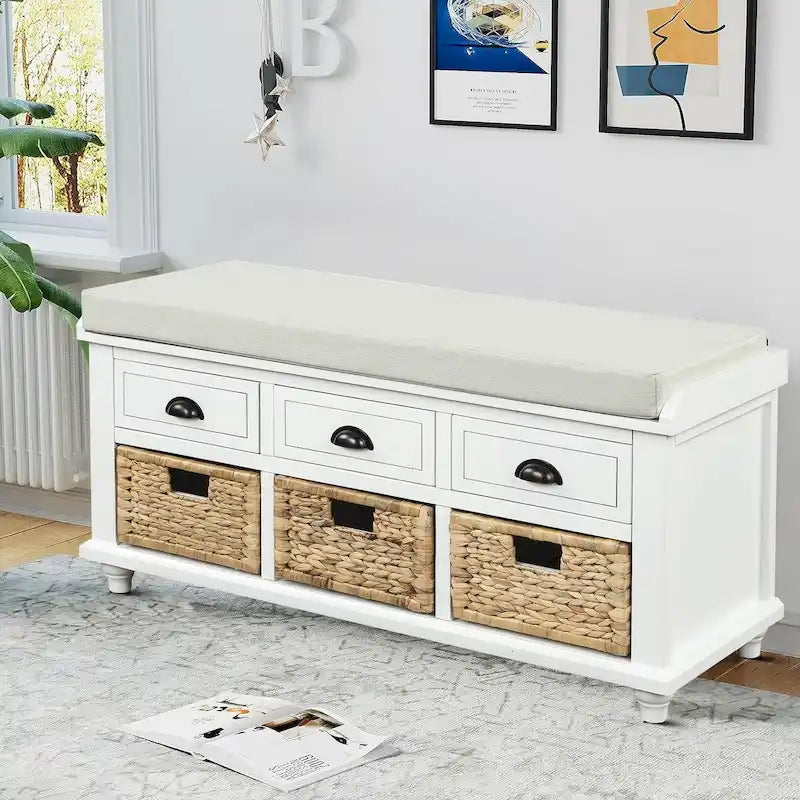 Banc de rangement de style ferme classique avec un coussin de siège amovible en mélange de lin