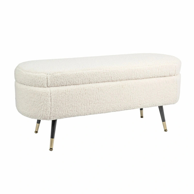 Banc de rangement Maren entièrement rembourré en tissu bouclette et pieds aiguilles en bois