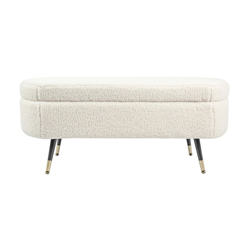 Banc de rangement Maren entièrement rembourré en tissu bouclette et pieds aiguilles en bois