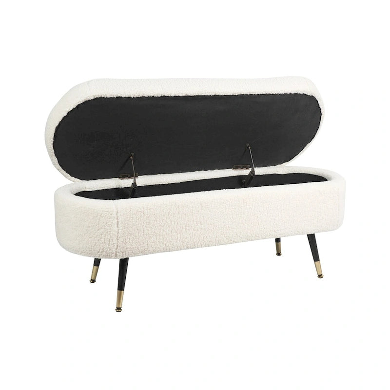 Banc de rangement Maren entièrement rembourré en tissu bouclette et pieds aiguilles en bois