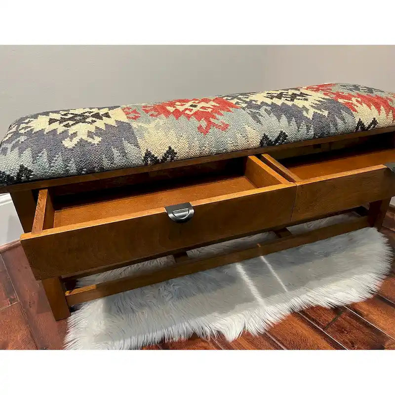 Banc HERAT ORIENTAL rembourré en kilim fait main avec tiroirs - 14 x 19 x 47