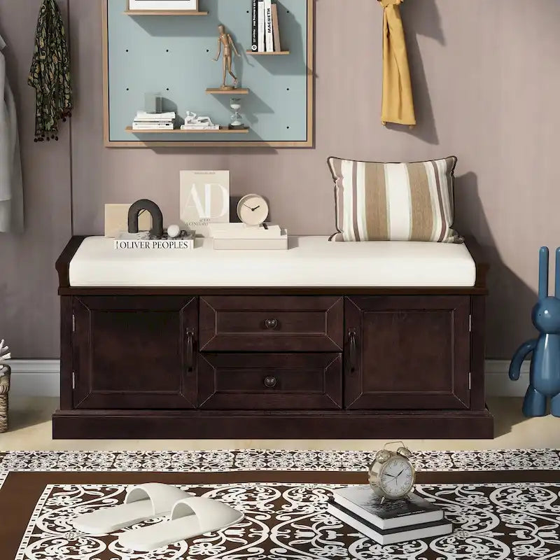 Banc de rangement avec 2 tiroirs et 2 placards, Banc à chaussures avec coussin amovible pour salon, entrée