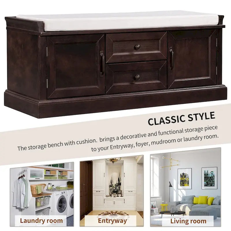 Banc de rangement avec 2 tiroirs et 2 placards, Banc à chaussures avec coussin amovible pour salon, entrée