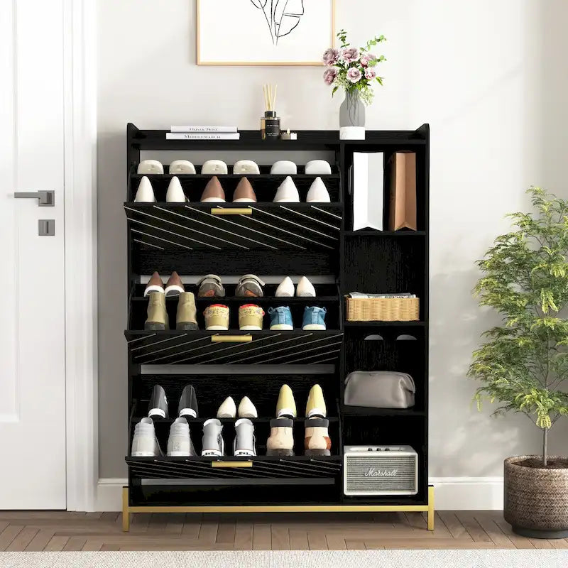 Meuble à chaussures avec 3 tiroirs basculants et étagères ouvertes, meuble de rangement à chaussures moderne et fin pour entrée, range-chaussures étroit caché