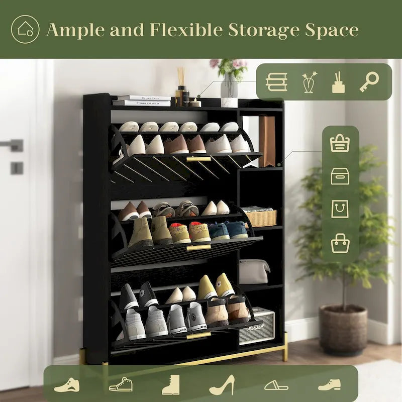 Meuble à chaussures avec 3 tiroirs basculants et étagères ouvertes, meuble de rangement à chaussures moderne et fin pour entrée, range-chaussures étroit caché