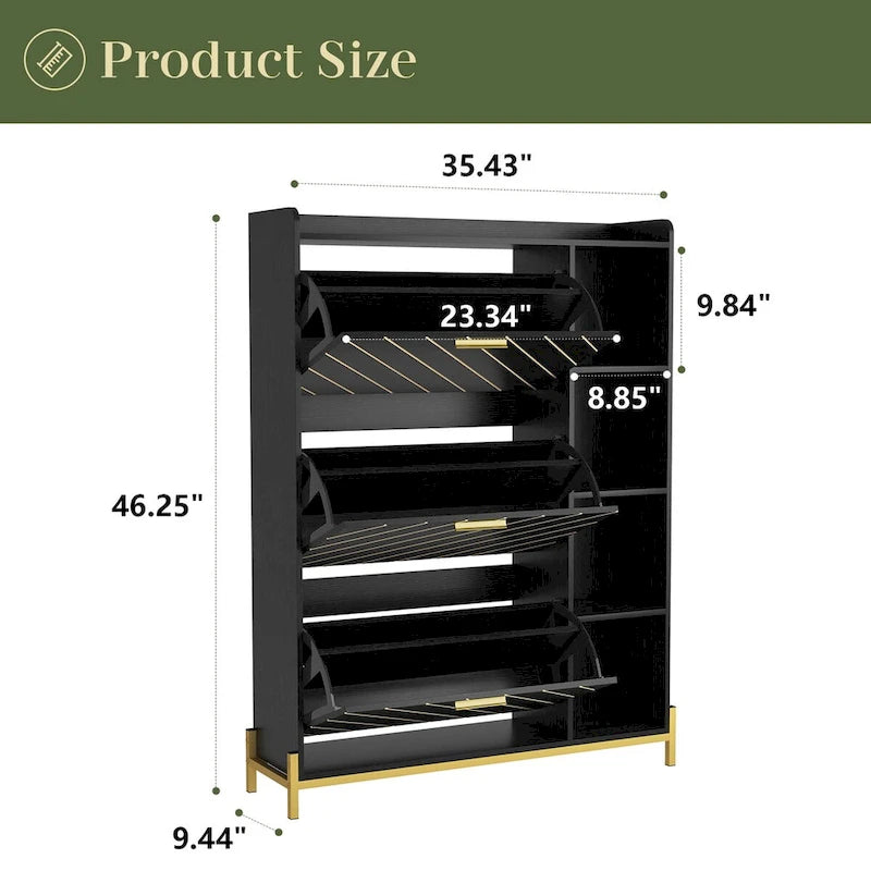 Meuble à chaussures avec 3 tiroirs basculants et étagères ouvertes, meuble de rangement à chaussures moderne et fin pour entrée, range-chaussures étroit caché