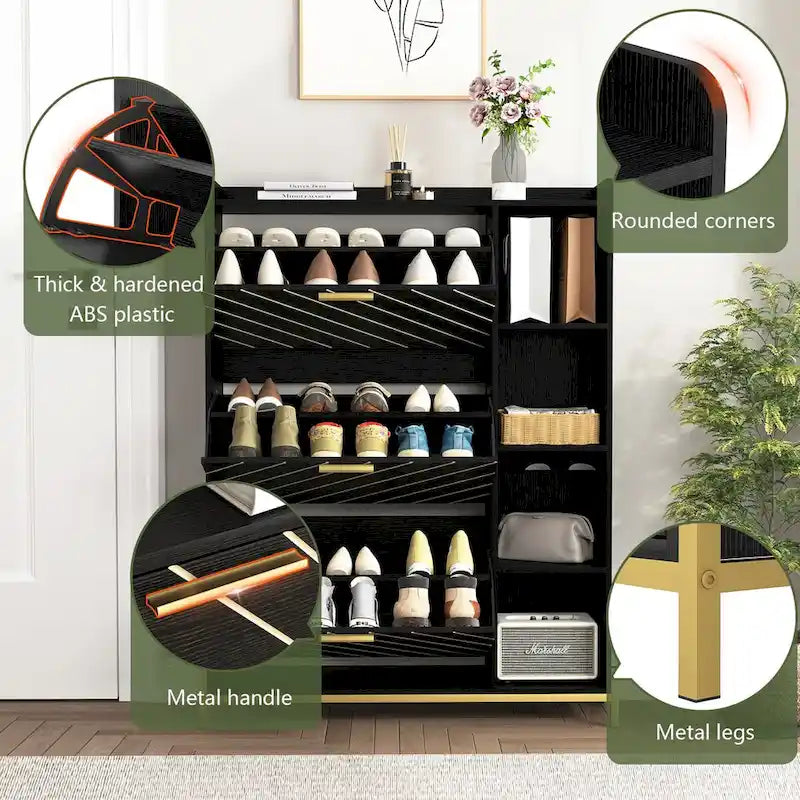 Meuble à chaussures avec 3 tiroirs basculants et étagères ouvertes, meuble de rangement à chaussures moderne et fin pour entrée, range-chaussures étroit caché