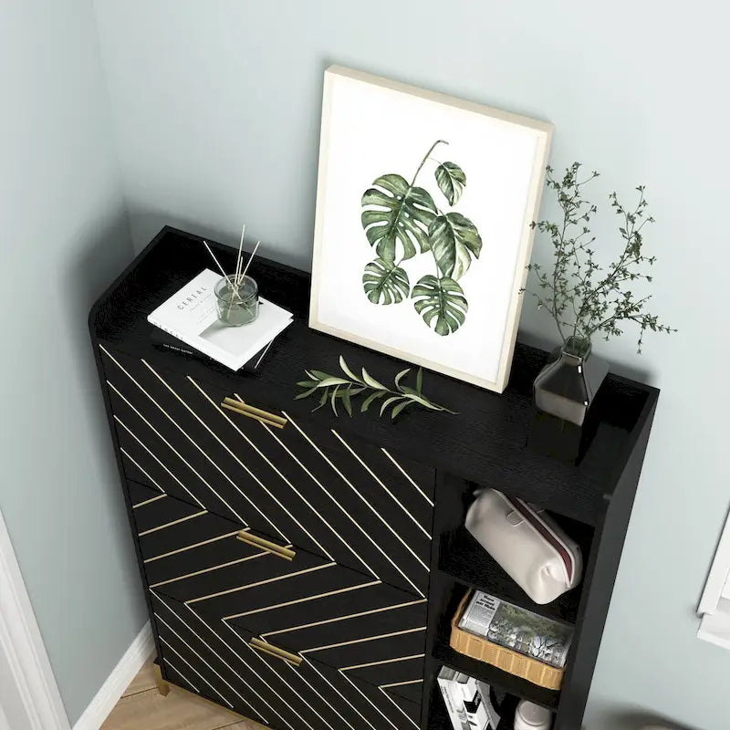 Meuble à chaussures avec 3 tiroirs basculants et étagères ouvertes, meuble de rangement à chaussures moderne et fin pour entrée, range-chaussures étroit caché
