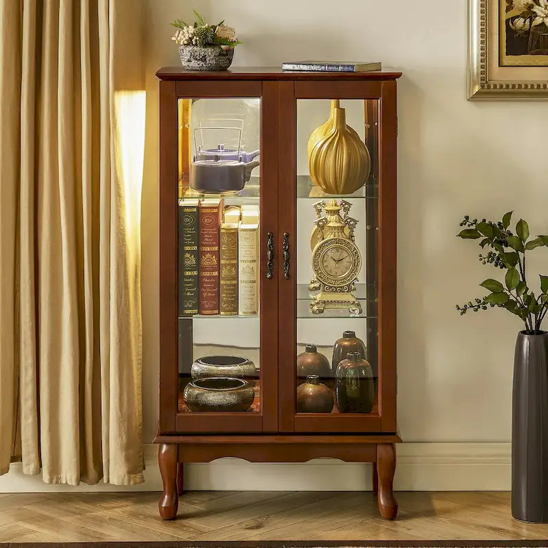 Vitrine lumineuse, vitrine avec étagères réglables et panneau arrière en miroir, portes en verre trempé