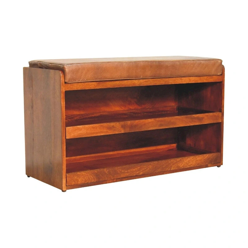 Banc de rangement pour chaussures en cuir de buffle marron à tirer
