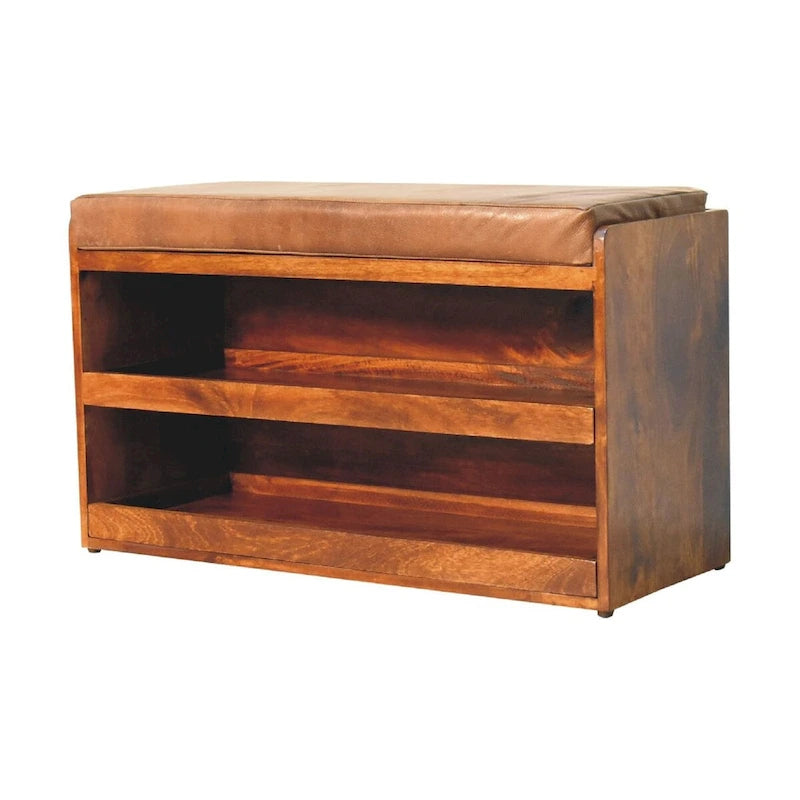 Banc de rangement pour chaussures en cuir de buffle marron à tirer
